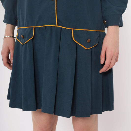 60s Navy Cotton Collared Drop Waist Dress Yellow Piping Pleated Small