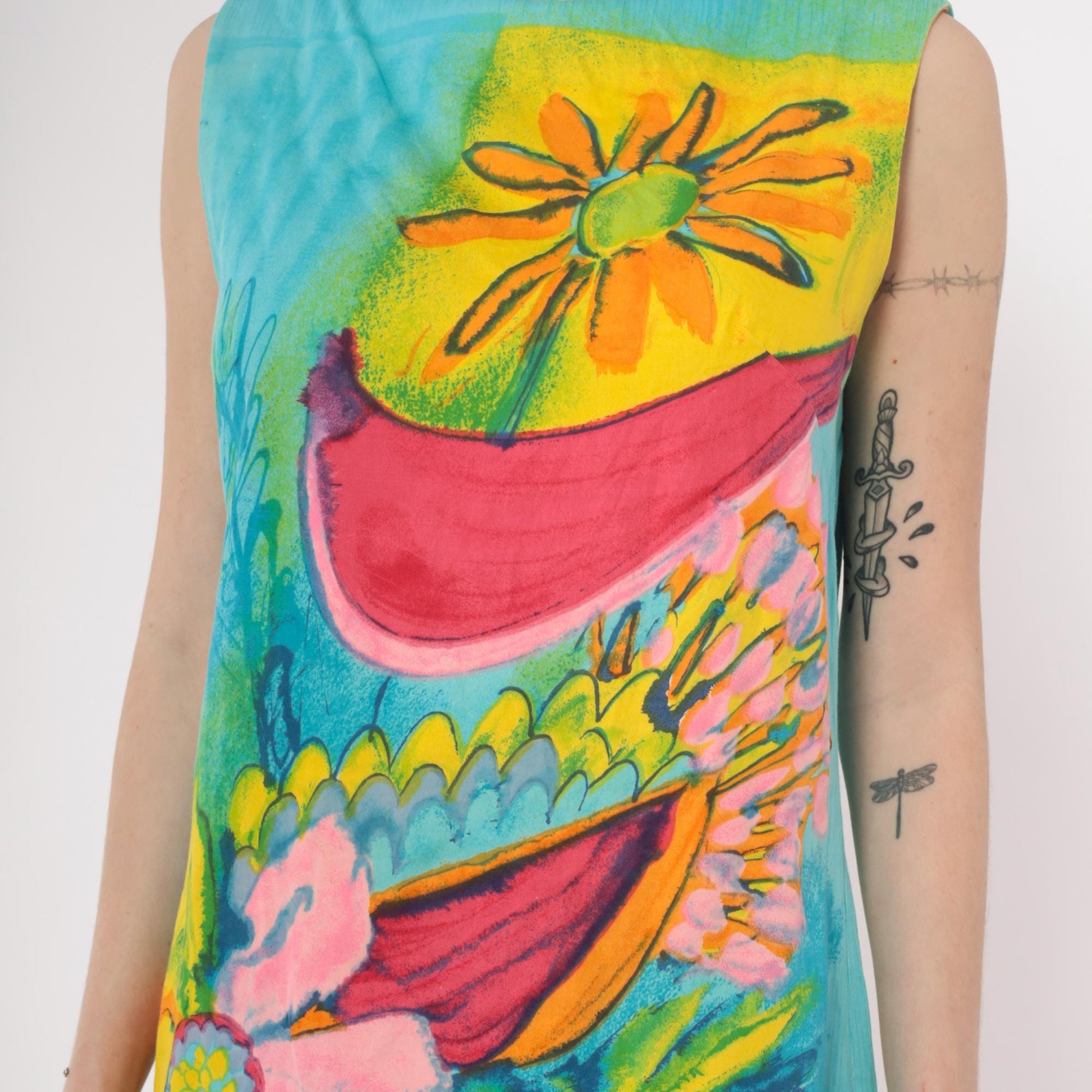 60s Psychedelic Floral Mini Dress Shift Sleeveless Cotton Turquoise Small
