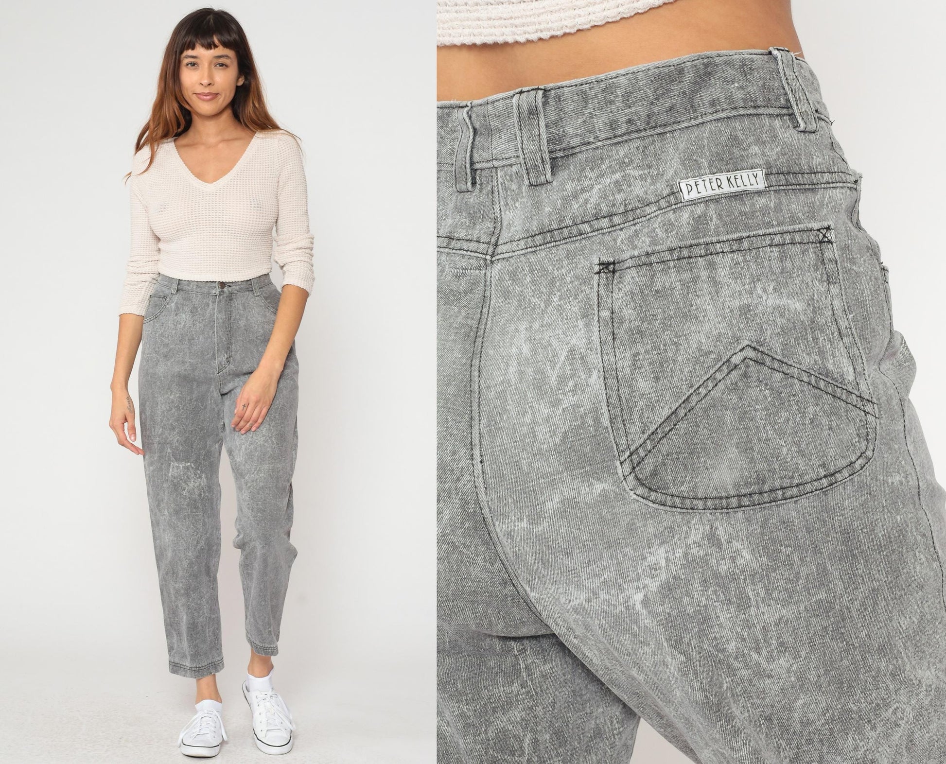 90s Peter Kelly Lee High Waisted Jeans Grey Acid Wash Cropped Ankle 31