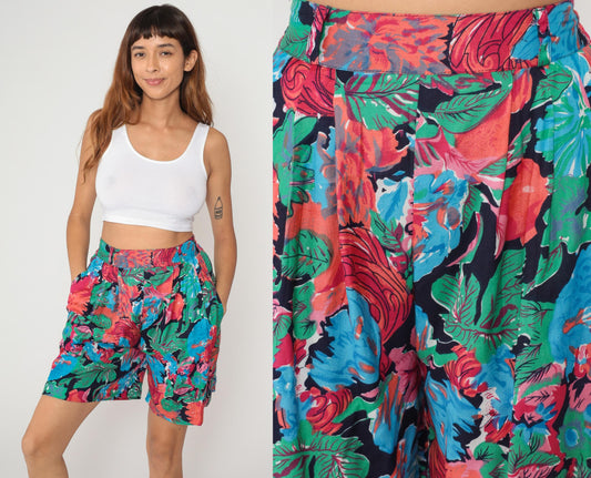 90s Tropical Floral High-Rise Shorts Rayon Black Pink Coral Small