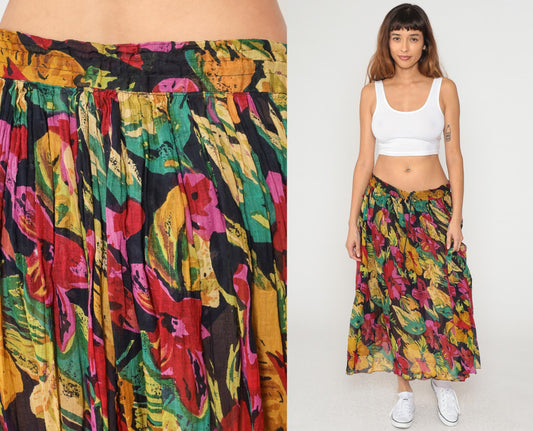 90s Tropical Floral Midi Skirt Cotton Gauze Elastic Waist Multicolor Large