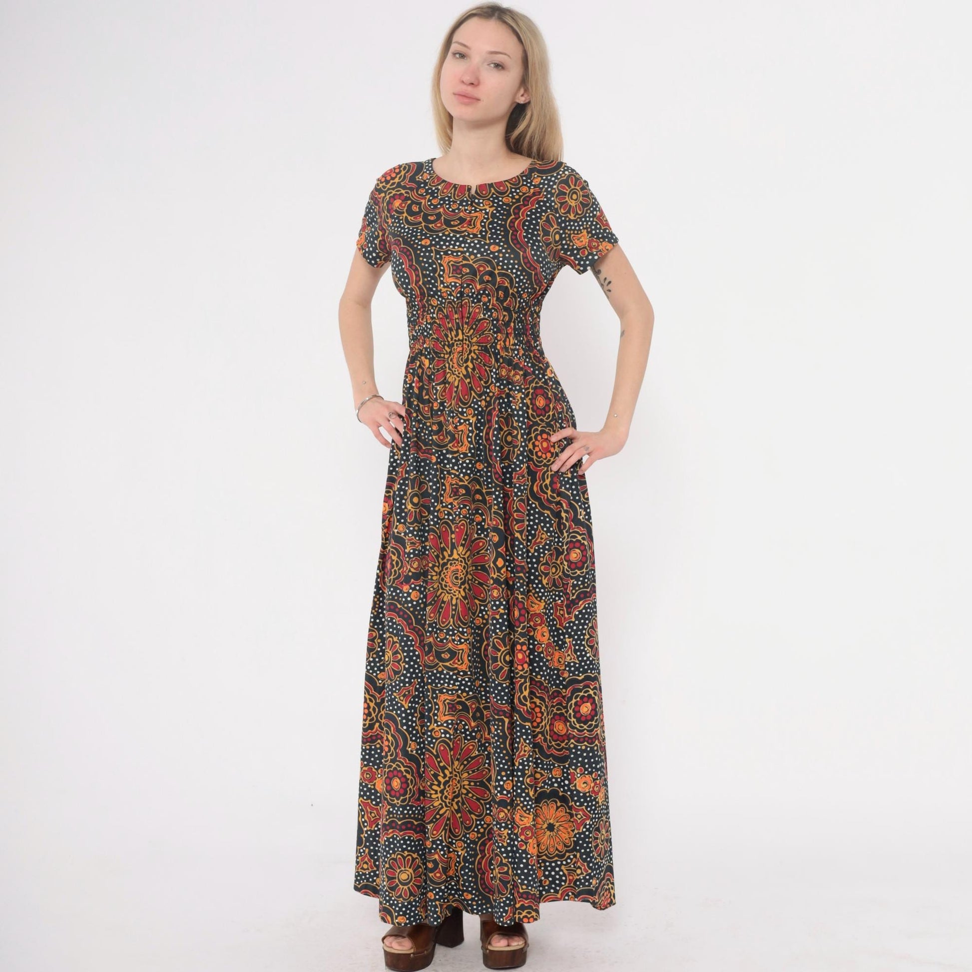 70s Psychedelic Maxi Dress Paisley Floral Navy Orange Red Yellow Small
