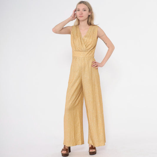 70s Gold Metallic Jumpsuit Sleeveless V-Neck Wide Leg Spiegel Small