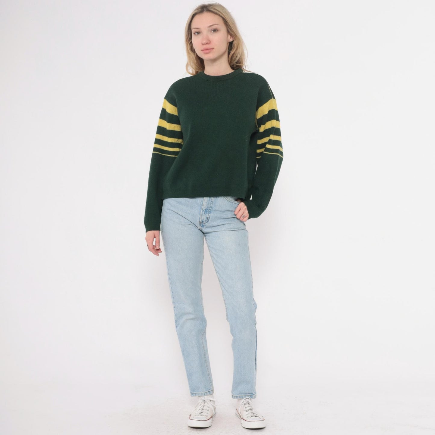 70s Norvyk by Renoir Wool Sweater Forest Green Striped Sleeves Large