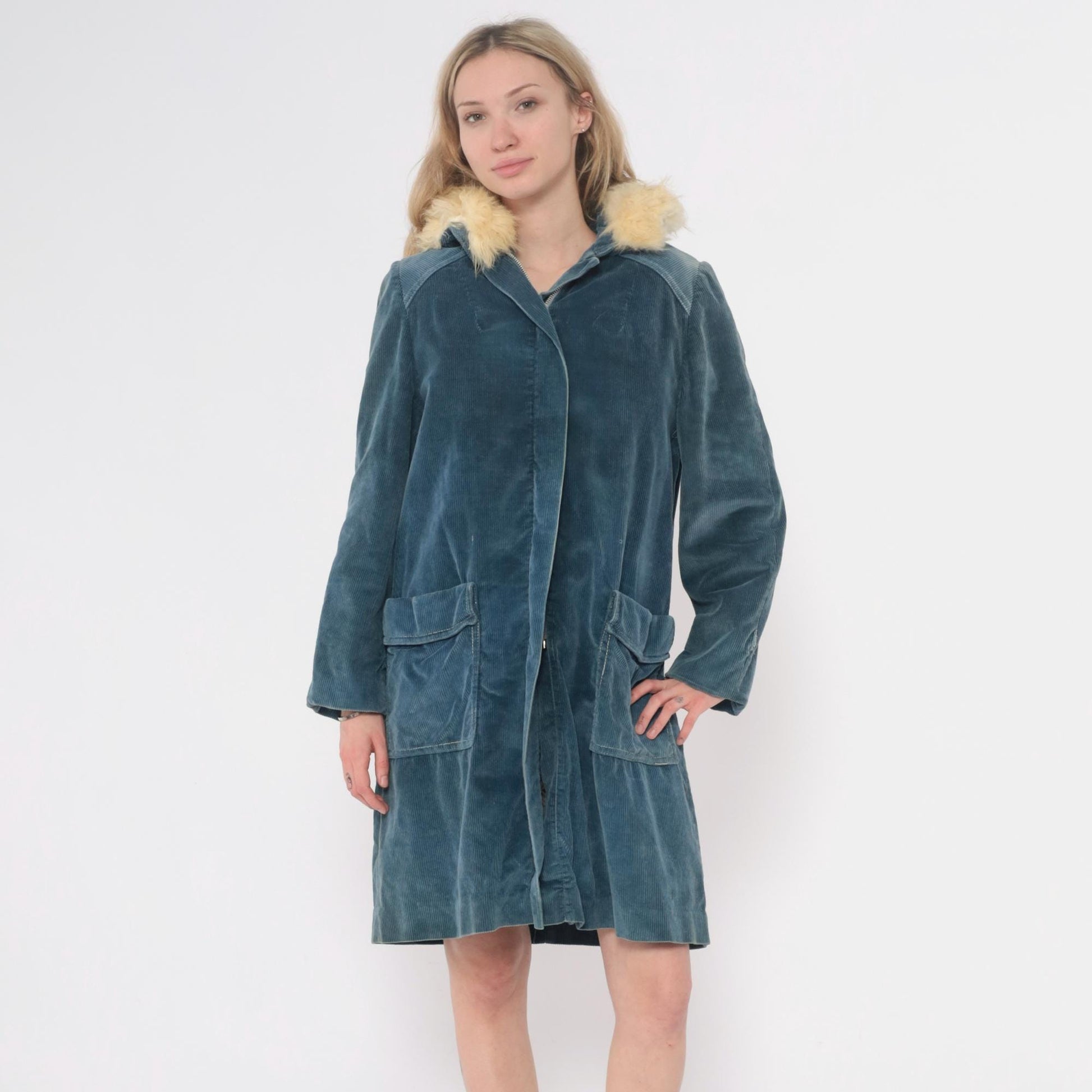 70s Blue Corduroy Jacket Cream Fur Collar Shearling Lined Knee Length Small