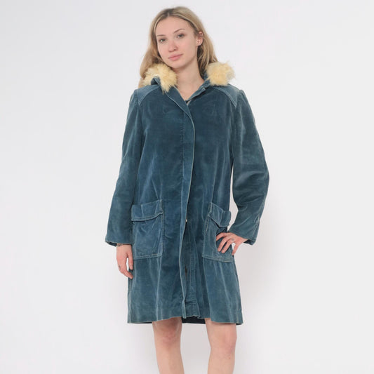 70s Blue Corduroy Jacket Cream Fur Collar Shearling Lined Knee Length Small