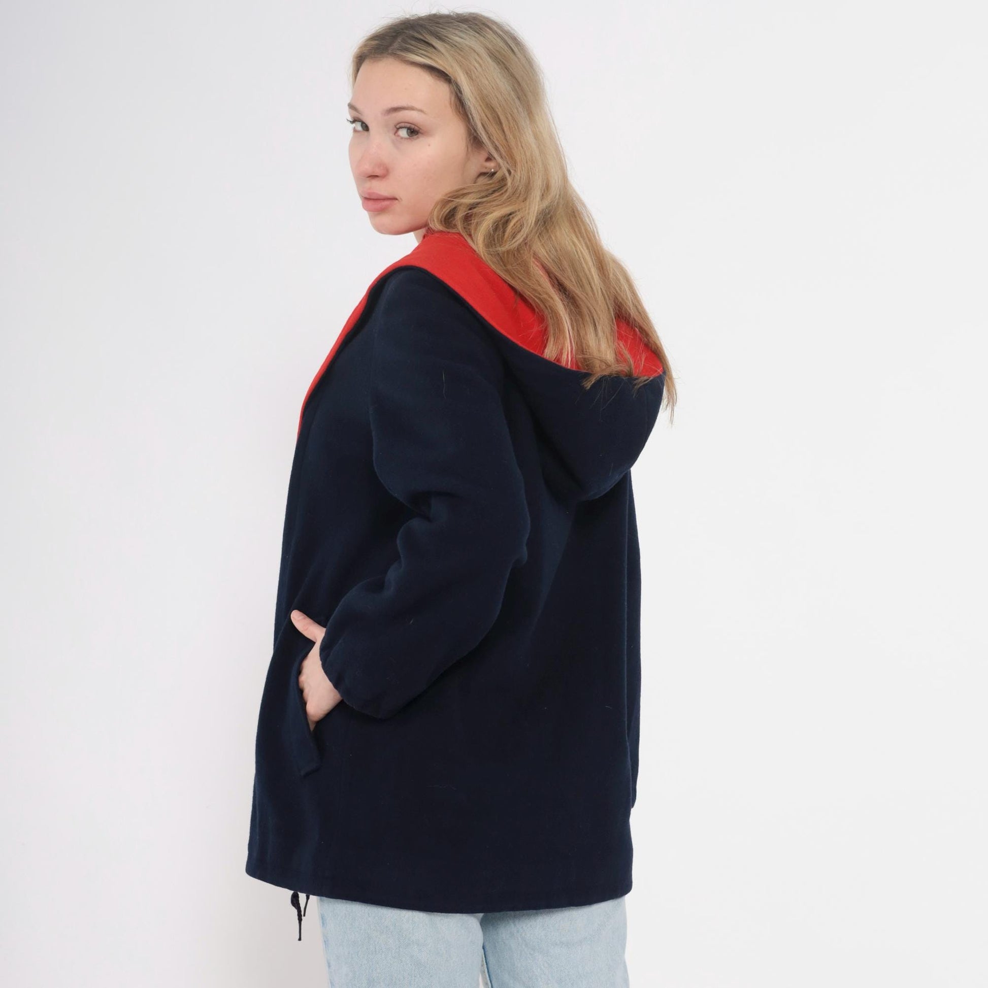 70s Mackintosh Wool Hooded Toggle Coat Navy Red Colour Block Medium