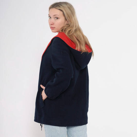 70s Mackintosh Wool Hooded Toggle Coat Navy Red Colour Block Medium