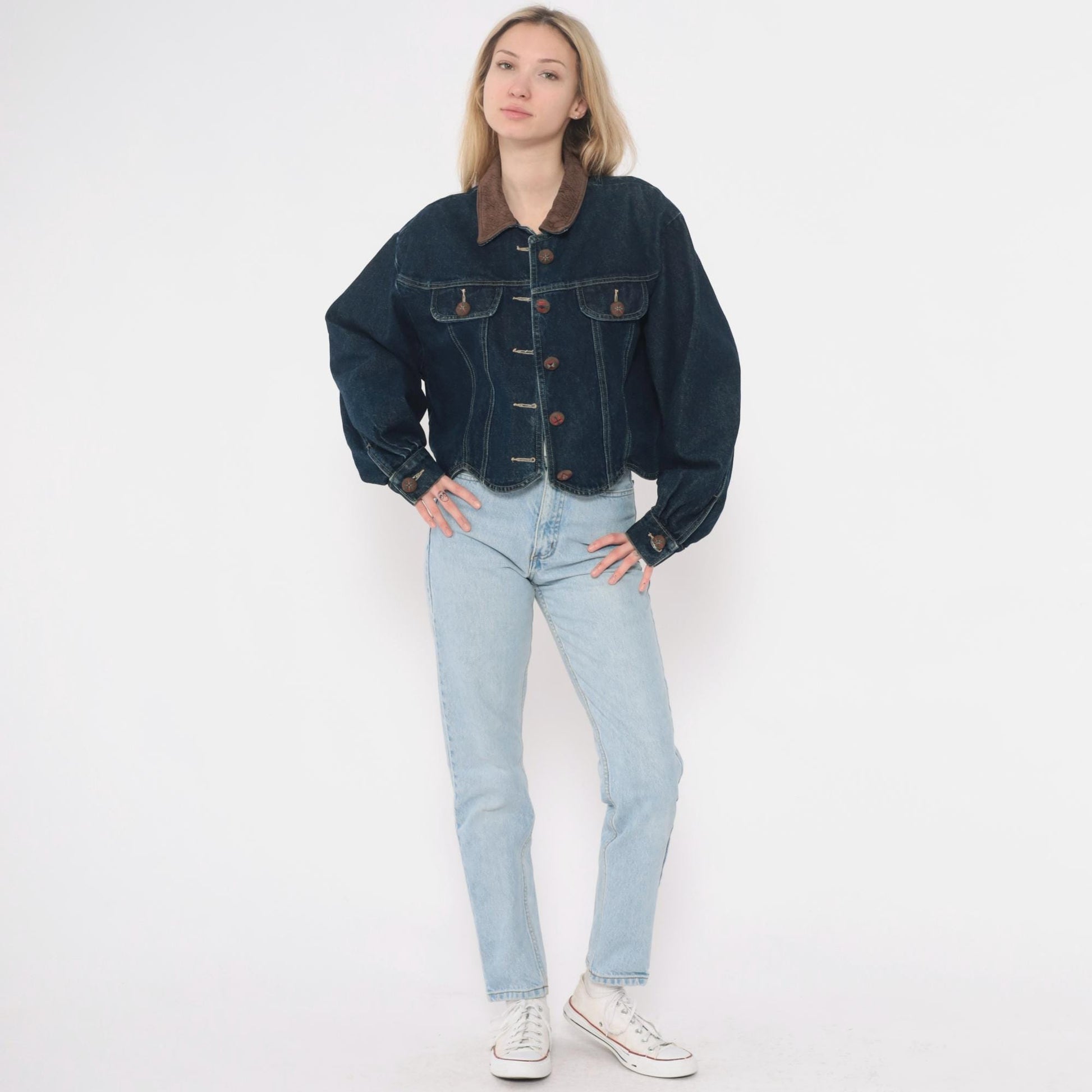 90s Coldwater Creek Cropped Denim Jacket Scalloped Hem Dark Wash Large L
