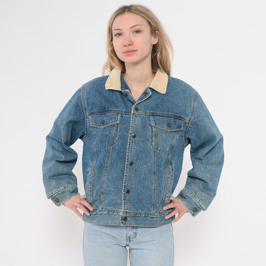 90s Denim Trucker Jacket Corduroy Collar Flannel Lined Medium Blue