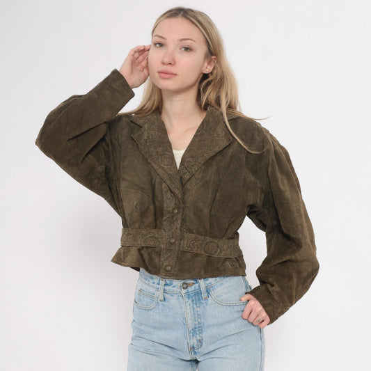 90s Olive Brown Leather Jacket Paisley Embossed Belted Cropped Small