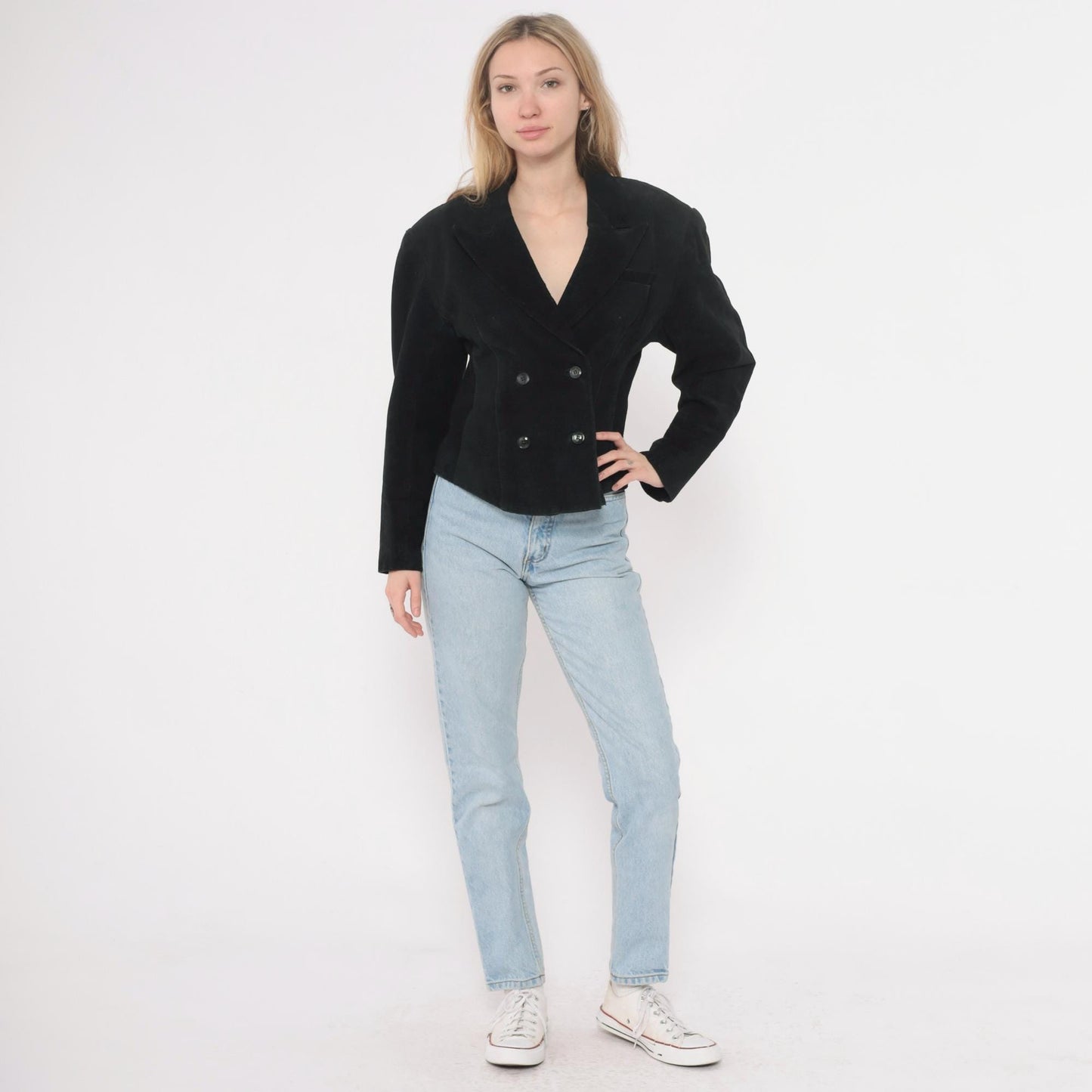 90s Winlit Black Leather Double Breasted Cropped Blazer Notched Lapel Small S