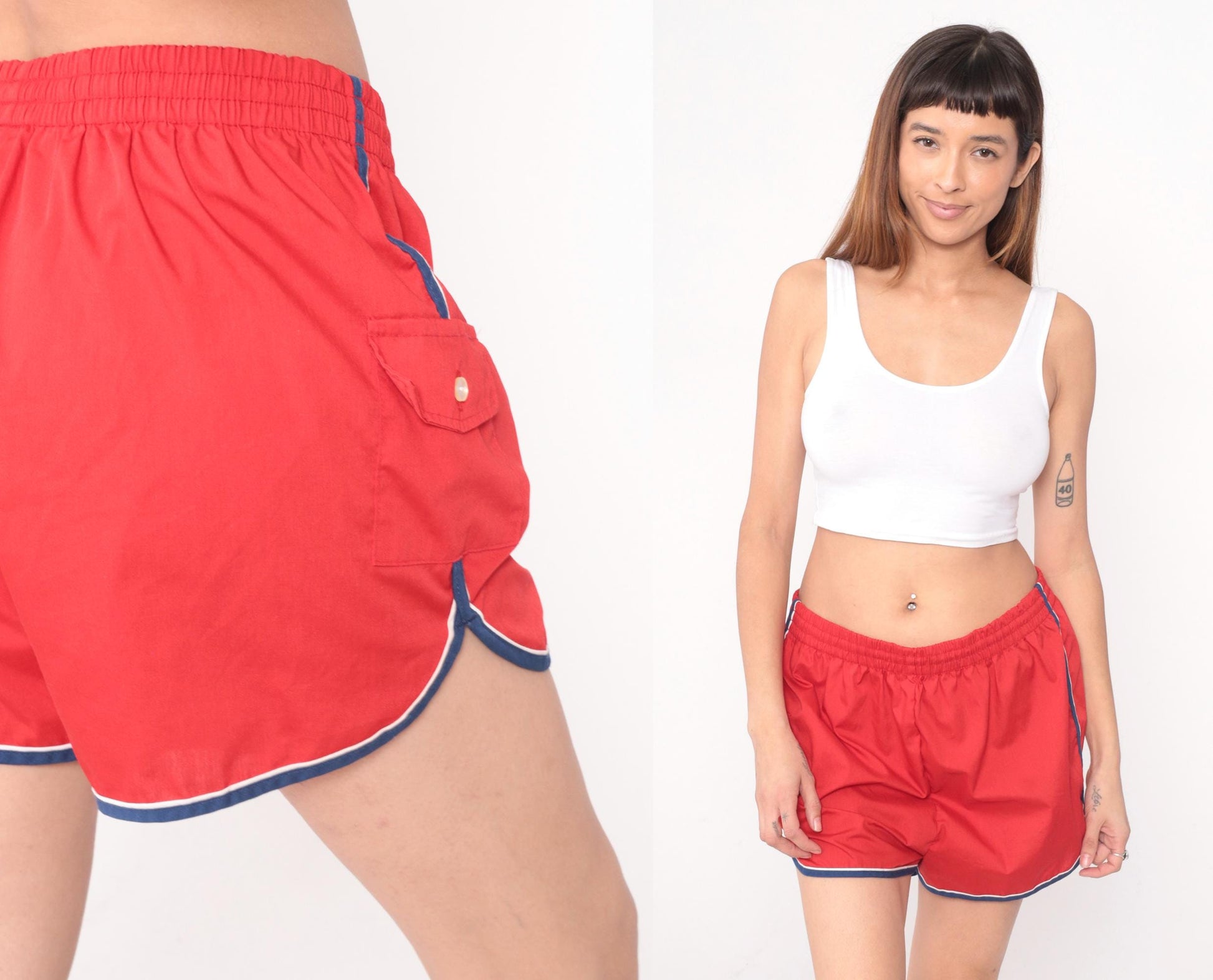 80s Red Jogging Shorts Navy Striped Trim Elastic Waistband Extra Large
