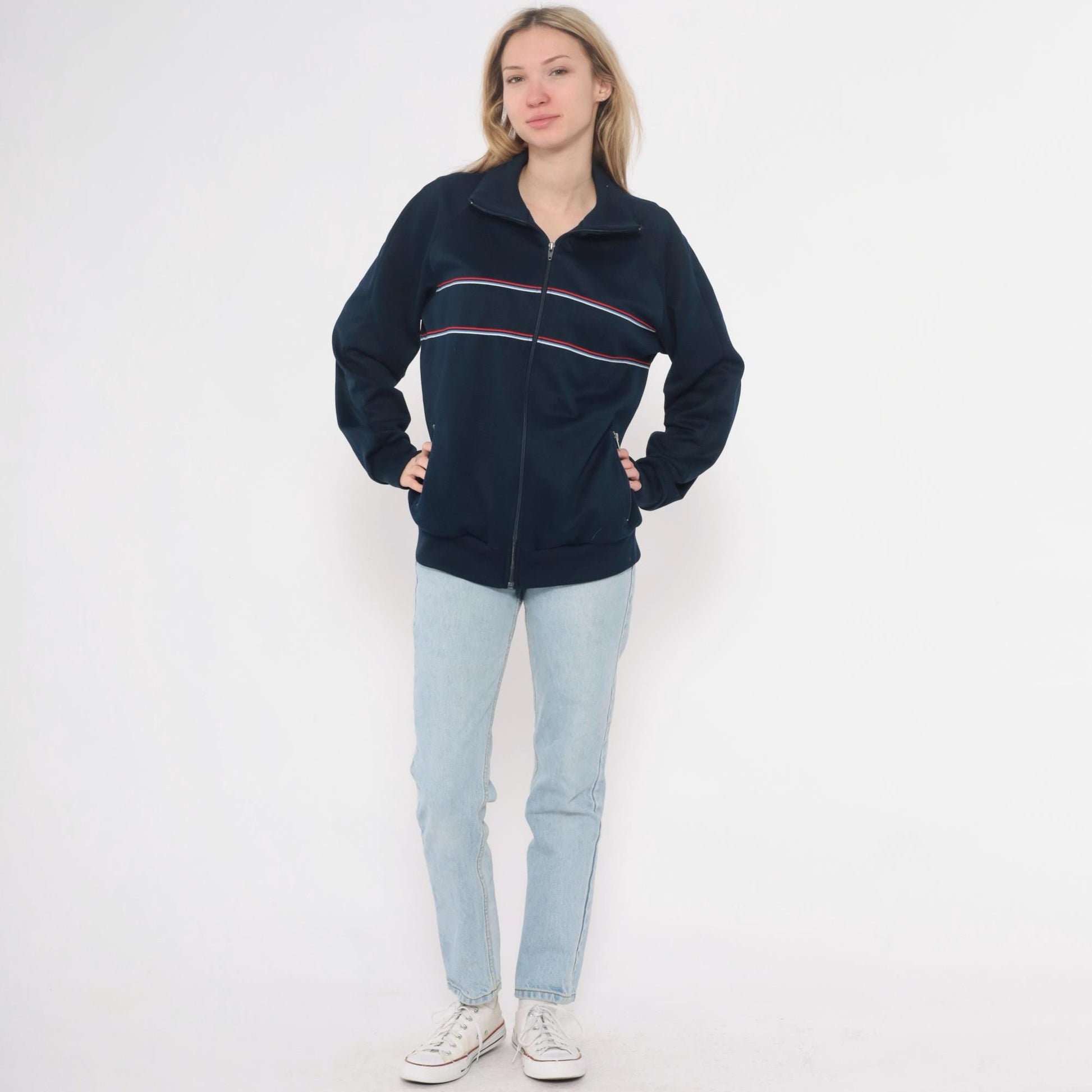 80s The Sports Scene Navy Track Jacket Striped Raglan Zip Large L