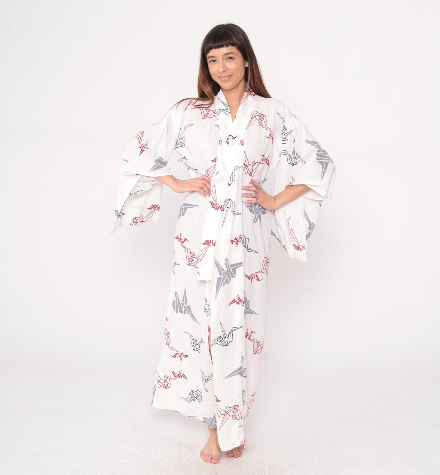 80s White Origami Crane Kimono Robe Maxi Cotton Duster Collared Large