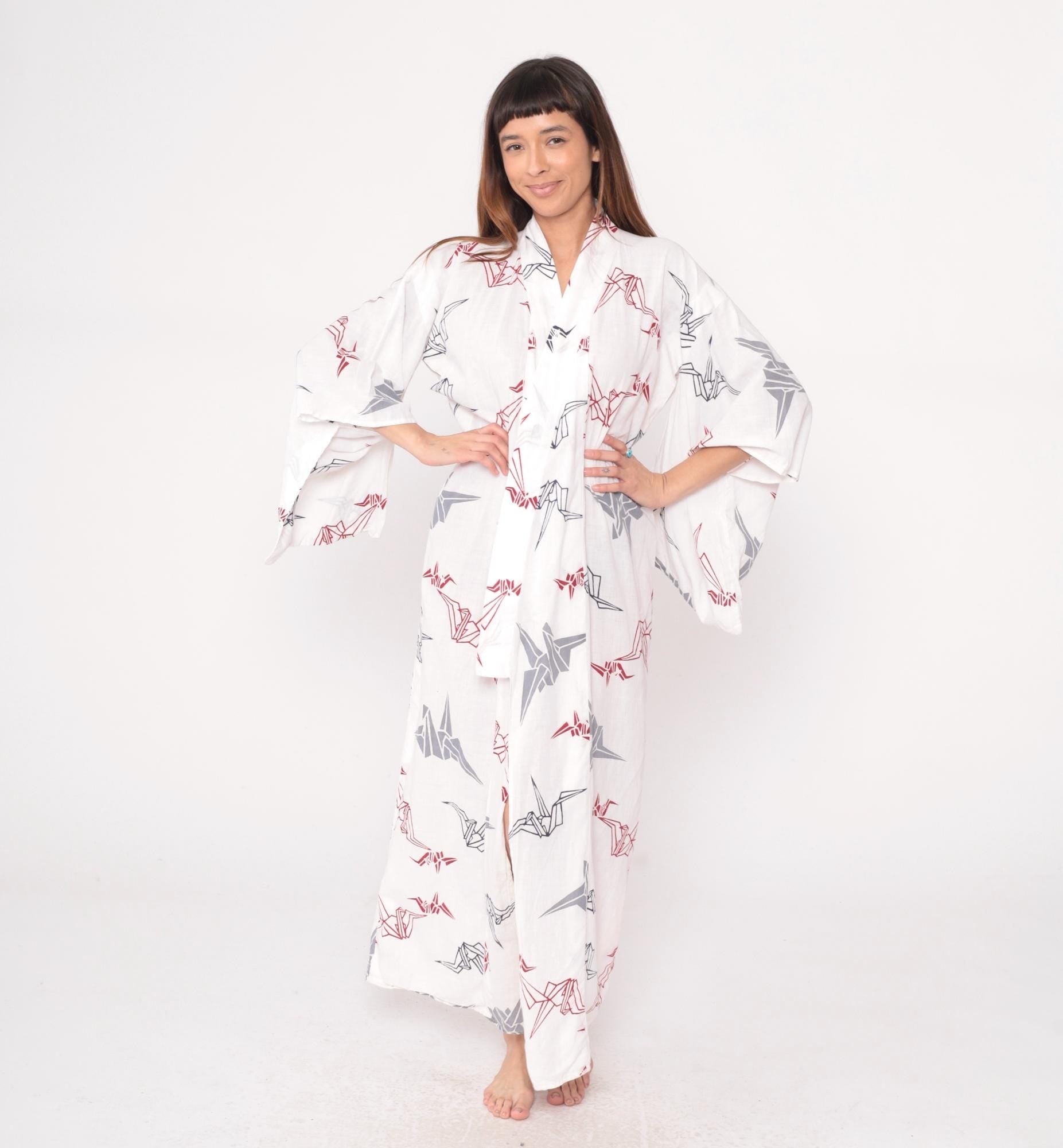 80s White Origami Crane Kimono Robe Maxi Cotton Duster Collared Large