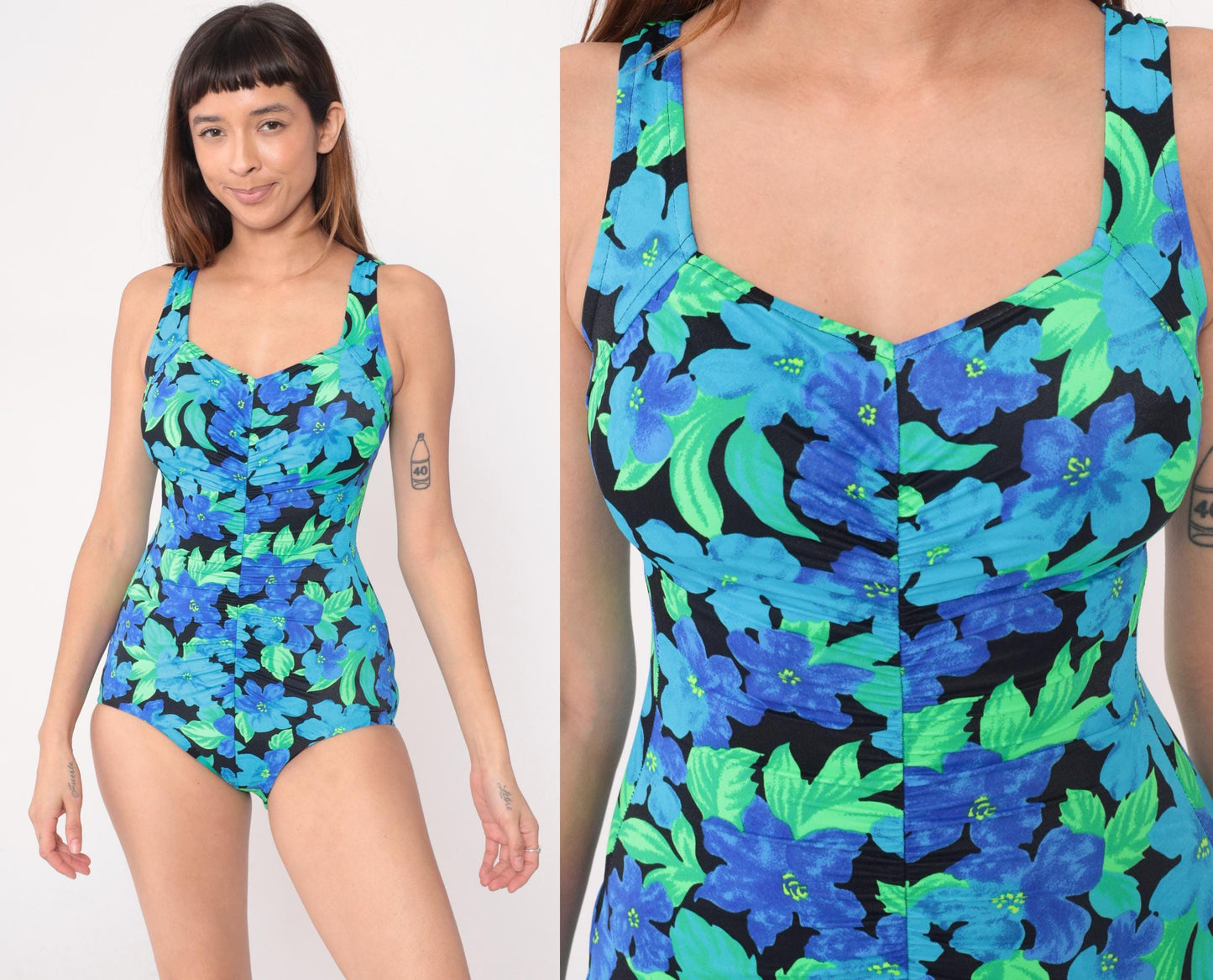 90s Le Cove Floral One-Piece Swimsuit Blue Green Black Tank Medium