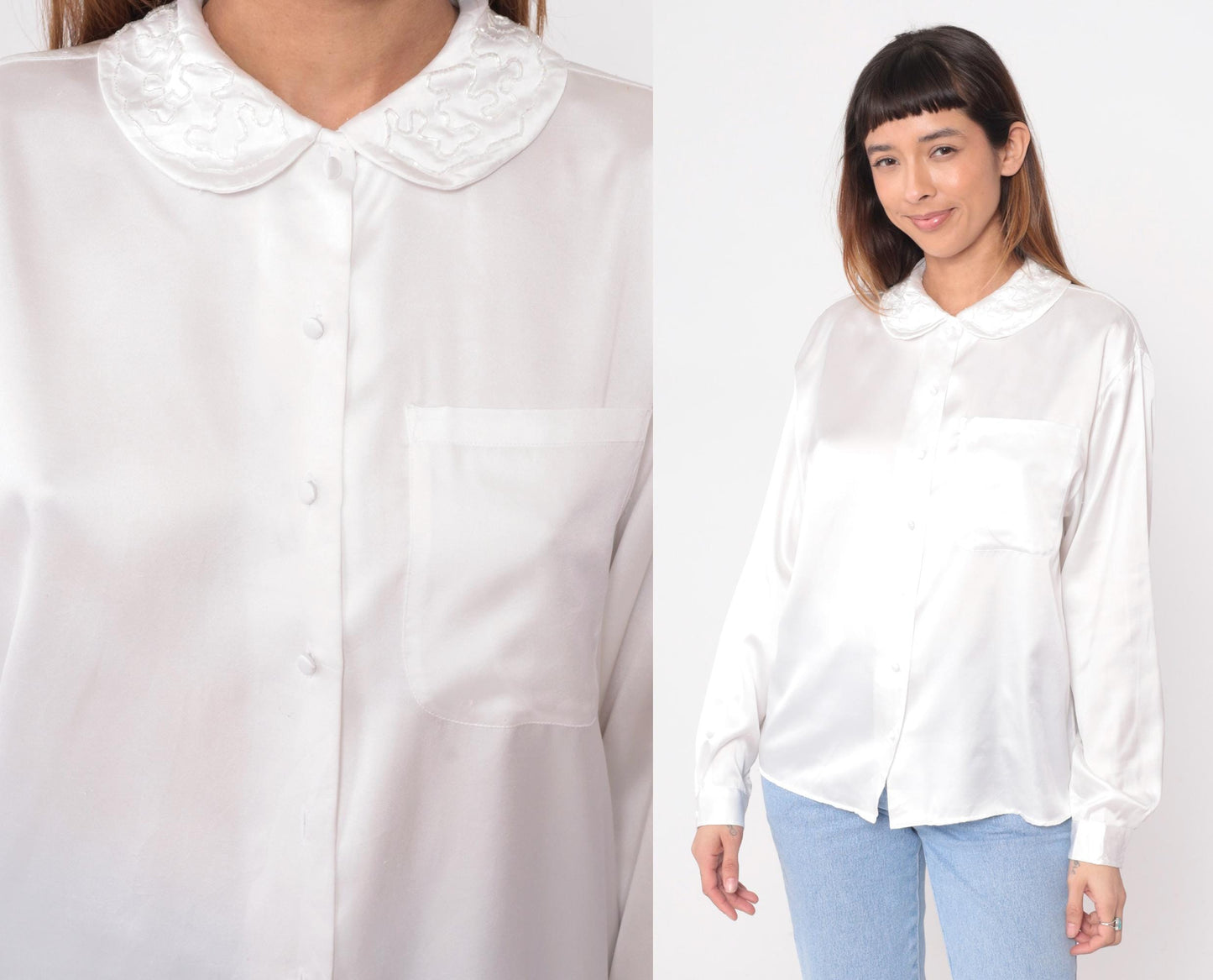 90s Charlotte van Horne White Peter Pan Collar Blouse Long Sleeve Large L
