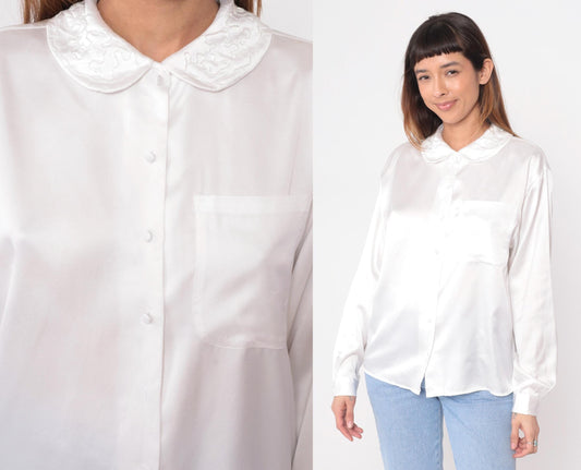 90s Charlotte van Horne White Peter Pan Collar Blouse Long Sleeve Large L