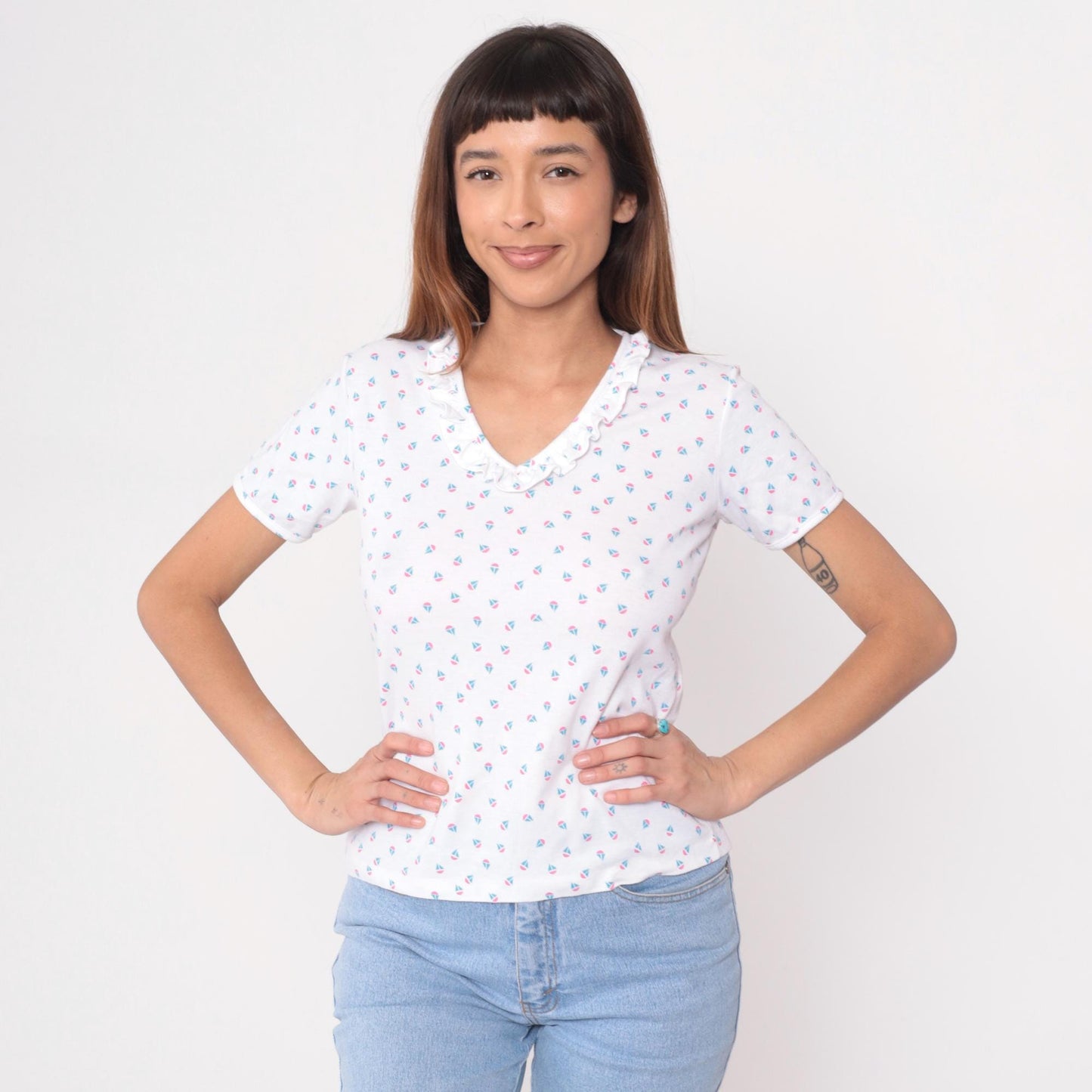 80s Sailboat Print Cotton Blouse Peter Pan Collar White Medium M