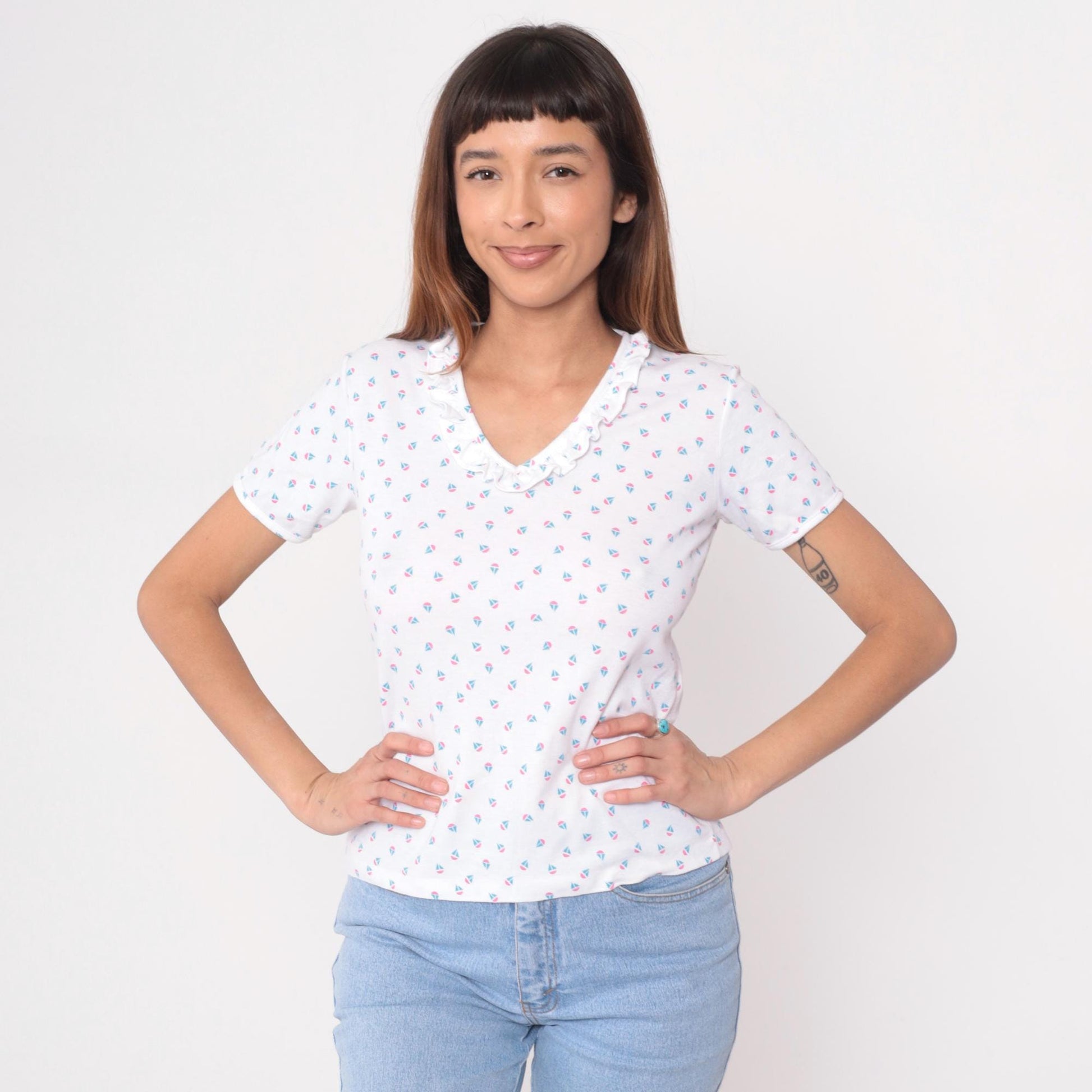 80s Sailboat Print Cotton Blouse Peter Pan Collar White Medium M