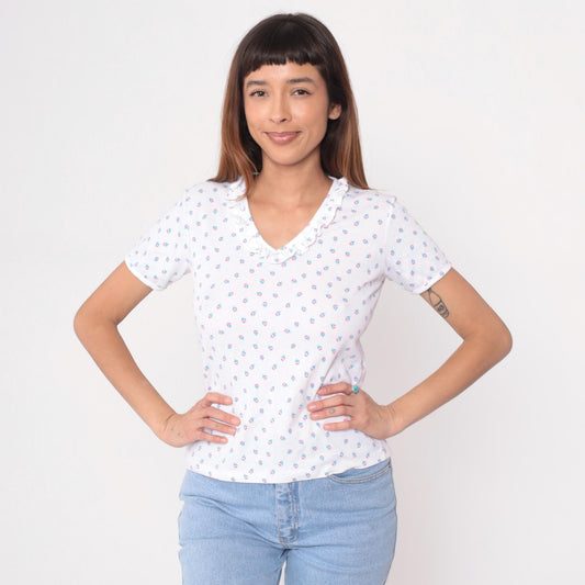 80s Sailboat Print Cotton Blouse Peter Pan Collar White Medium M