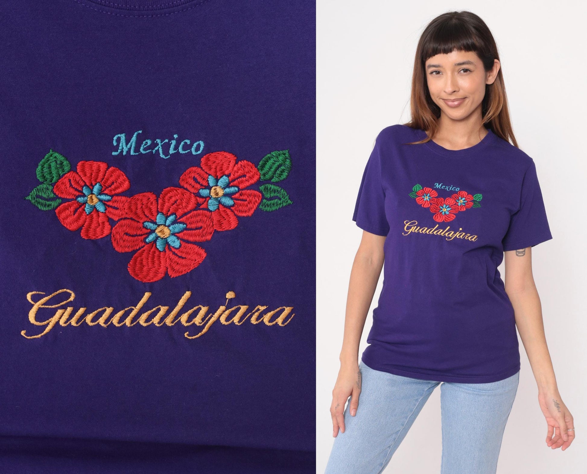 Y2K Yazbek Mexico Guadalajara Embroidered Floral T-Shirt Purple Small S