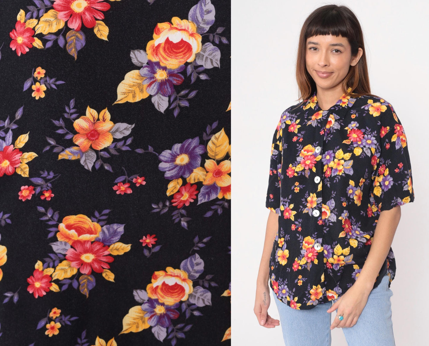 90s Black Floral Rayon Blouse Short Sleeve Button Up Medium M