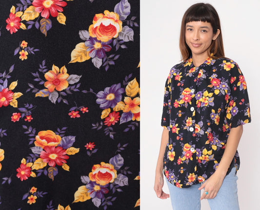 90s Black Floral Rayon Blouse Short Sleeve Button Up Medium M