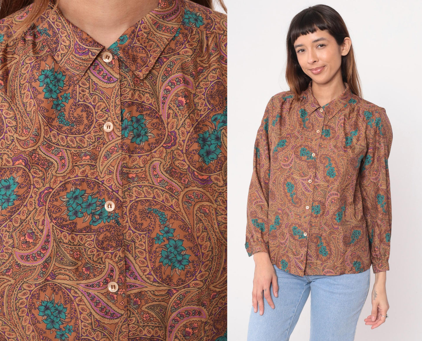 70s Paisley Button-Front Blouse Brown Turquoise Floral Long Sleeve Medium