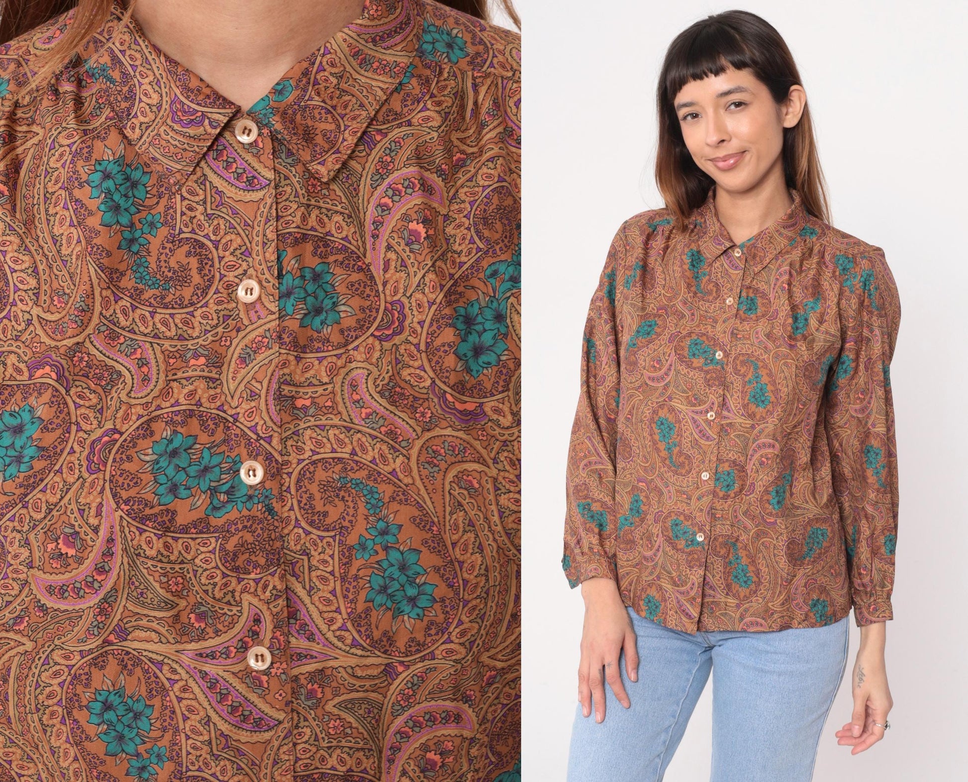 70s Paisley Button-Front Blouse Brown Turquoise Floral Long Sleeve Medium