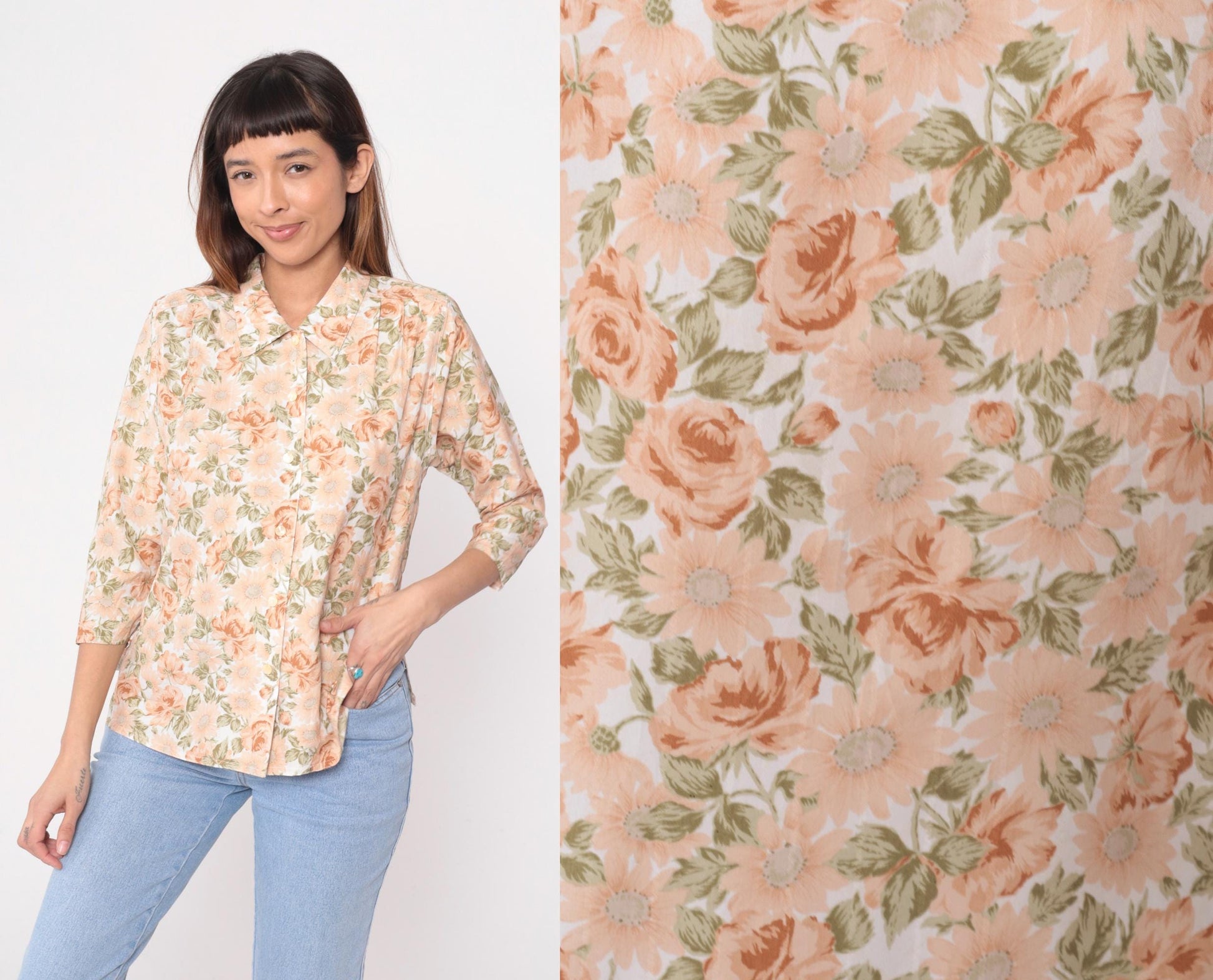 80s Floral Button-Front Blouse Peach Rose Print Cream Notched Collar Medium