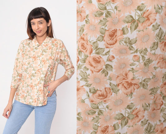 80s Floral Button-Front Blouse Peach Rose Print Cream Notched Collar Medium