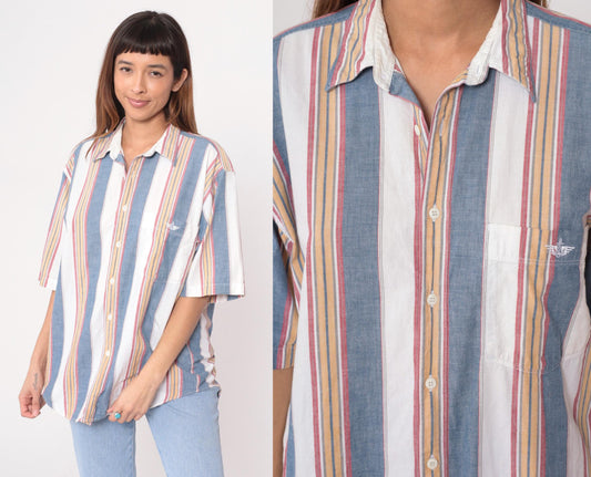 90s Dockers Striped Cotton Button-Up Shirt Blue White Pink Medium M