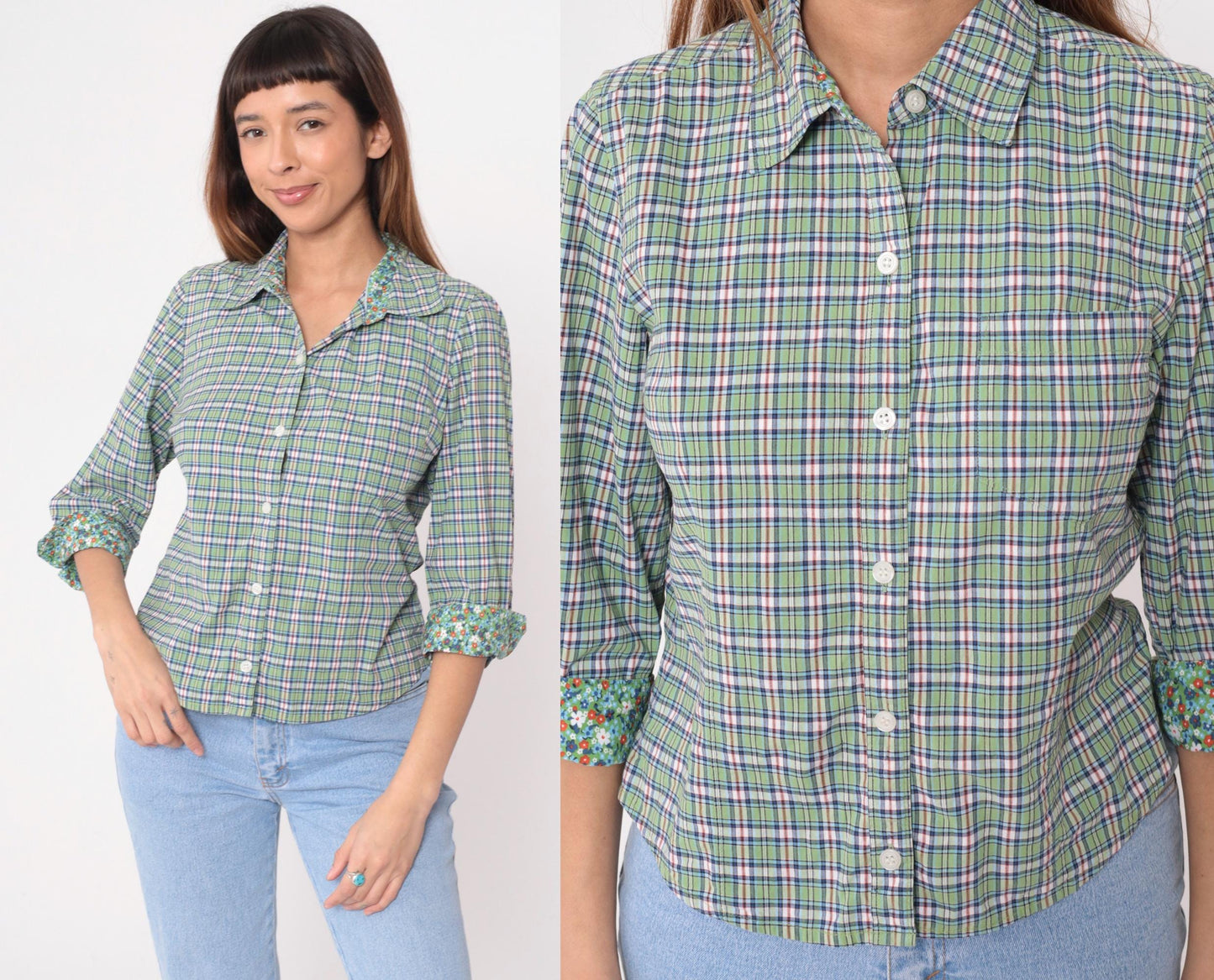 Y2K Talbots Plaid Button-Up Shirt Green Blue Floral Cuff Medium
