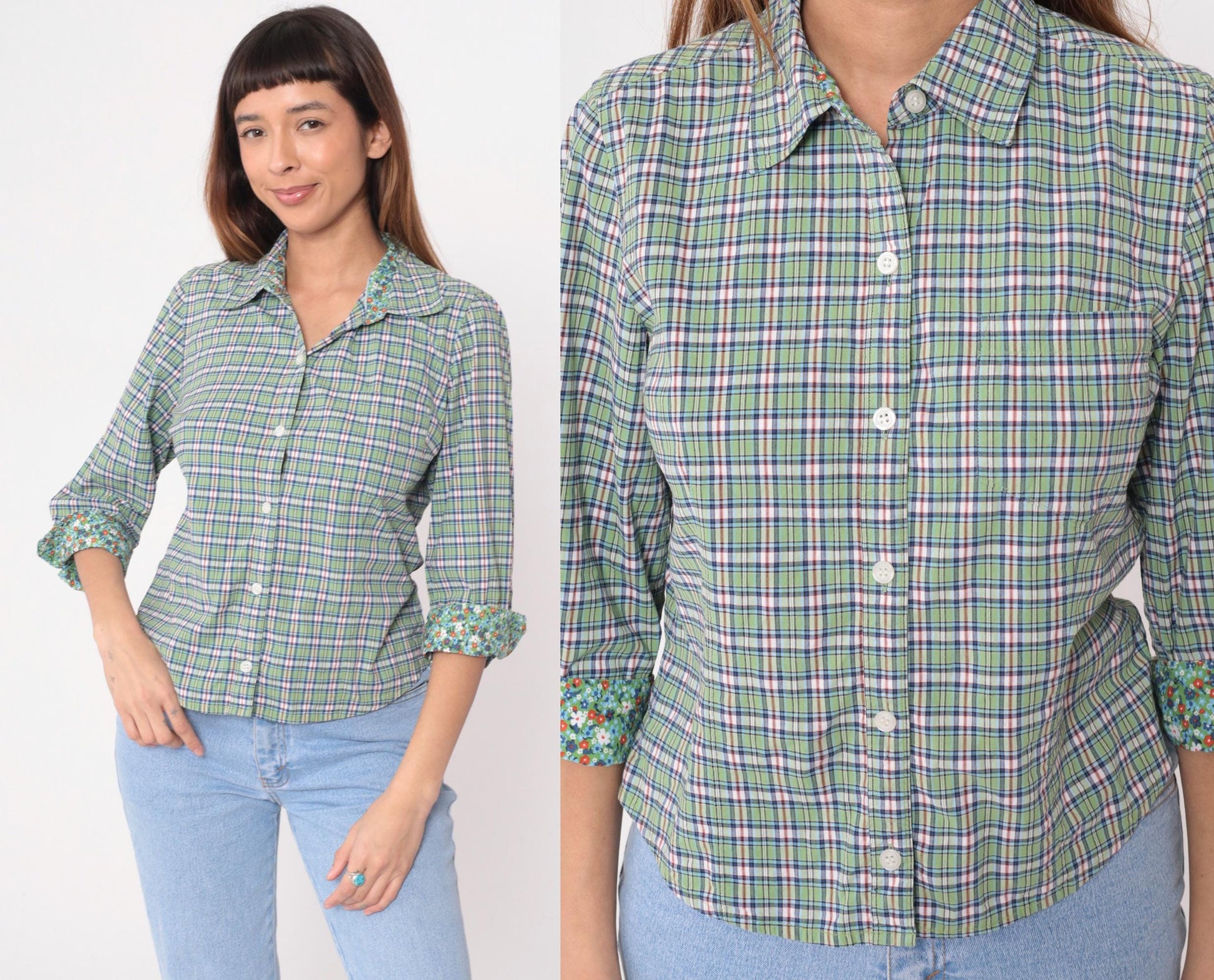 Y2K Talbots Plaid Button-Up Shirt Green Blue Floral Cuff Medium