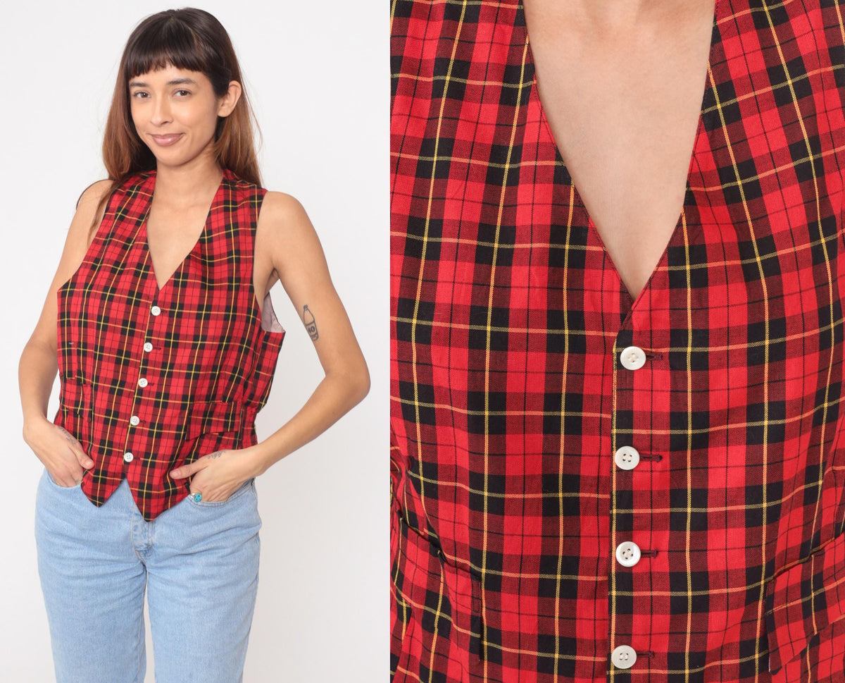 80s Red Plaid Wool Vest Button-Front V-Neck Sleeveless Small S