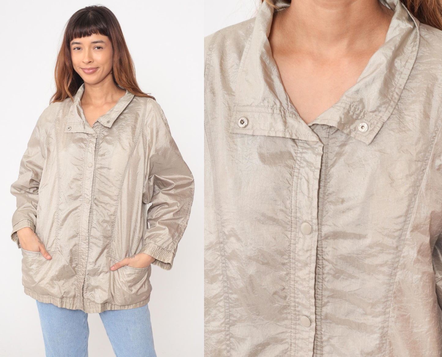 90s Haband Beige Nylon Windbreaker Jacket Snap Button Collar Large