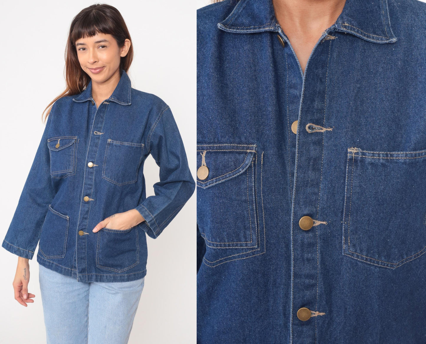 80s High Sierra Denim Chore Coat Blue Cotton Point Collar Small