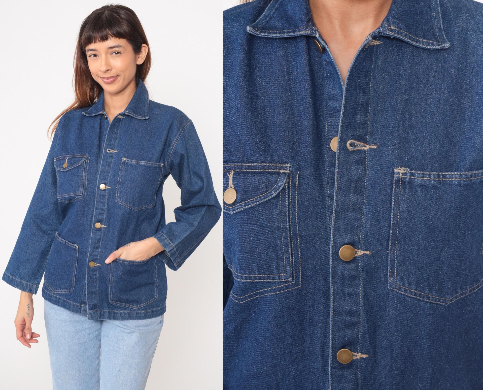 80s High Sierra Denim Chore Coat Blue Cotton Point Collar Small