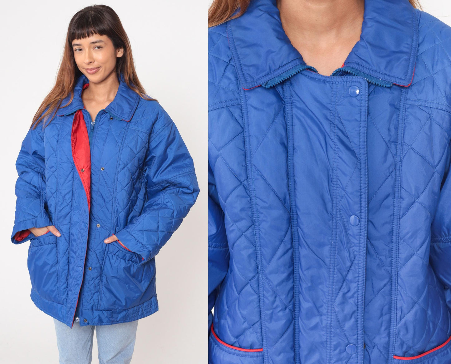 80s Aurora International Blue Quilted Jacket Diamond Pattern Red Lining Medium