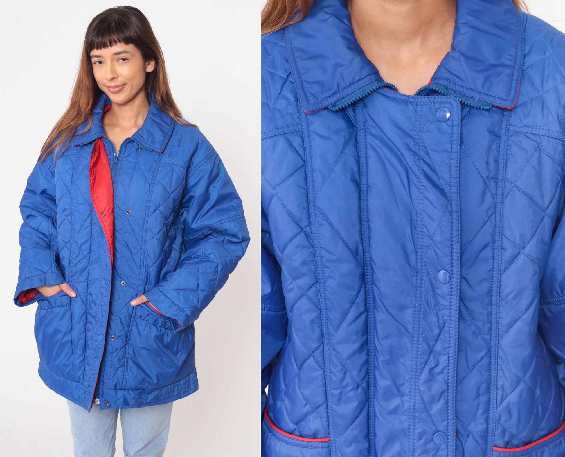 80s Aurora International Blue Quilted Jacket Diamond Pattern Red Lining Medium