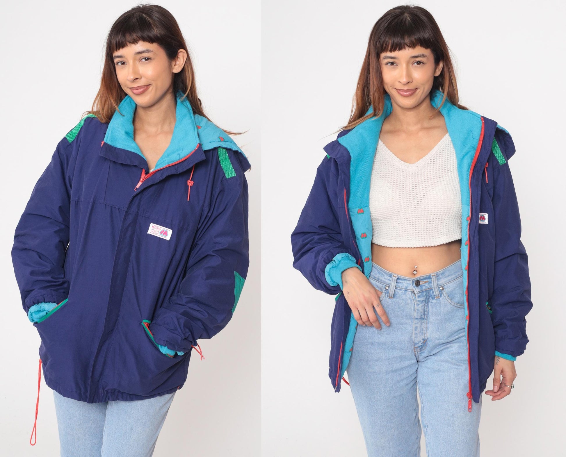 80s Marwin Sports Colorblock Windbreaker Hooded Jacket Blue Small