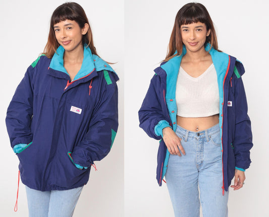 80s Marwin Sports Colorblock Windbreaker Hooded Jacket Blue Small
