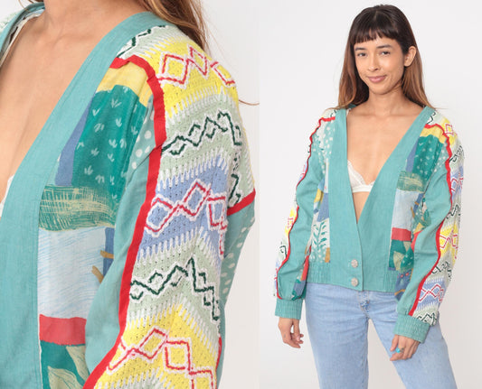 Y2K Howard Wolf Patchwork Cardigan Geometric Print Turquoise Medium M