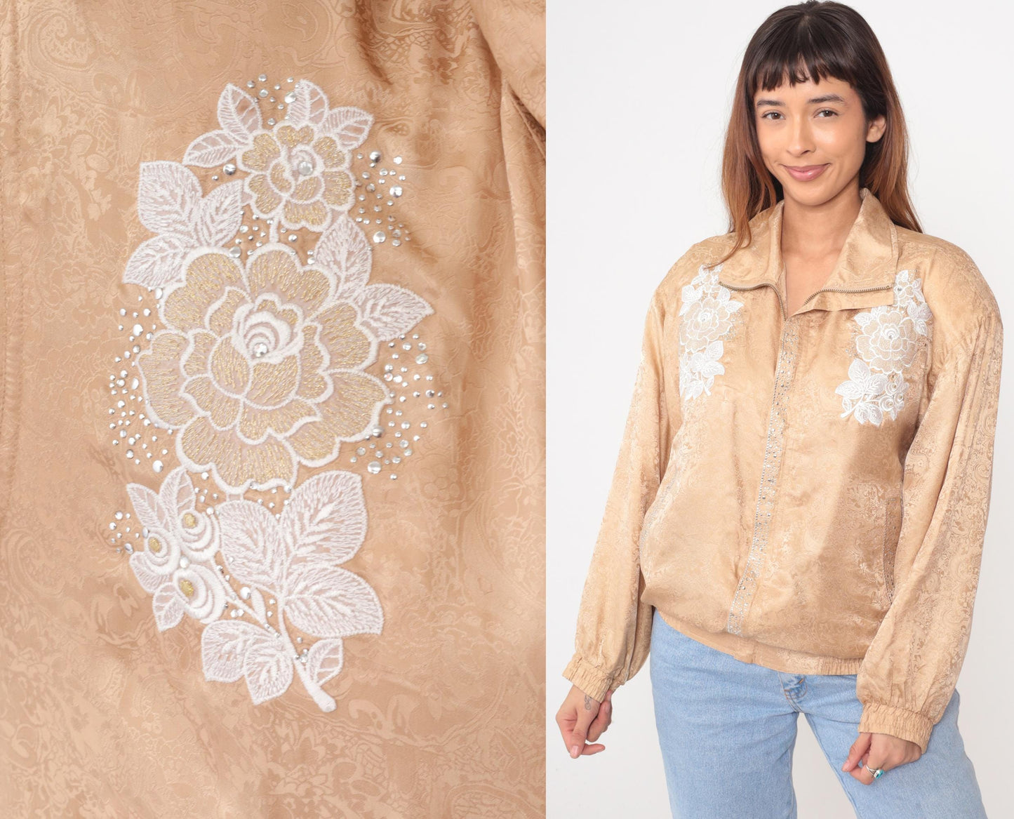 90s Silk Bomber Jacket Champagne Gold Embroidered Floral Medium M