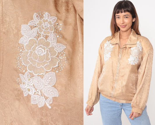 90s Silk Bomber Jacket Champagne Gold Embroidered Floral Medium M