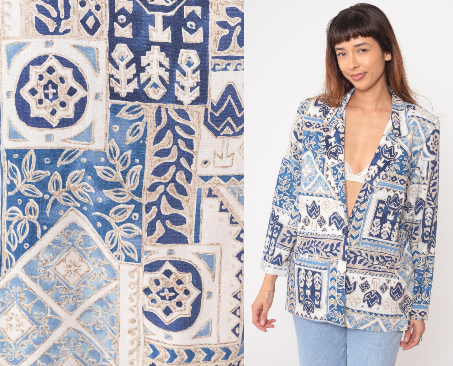 90s Blair Boutique Geometric Tile Blazer Blue White Cotton Medium