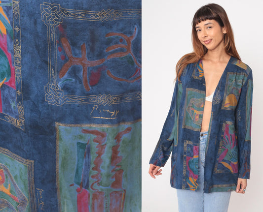 90s Sequel Abstract Geometric Kimono Jacket Blue Multicolor Medium