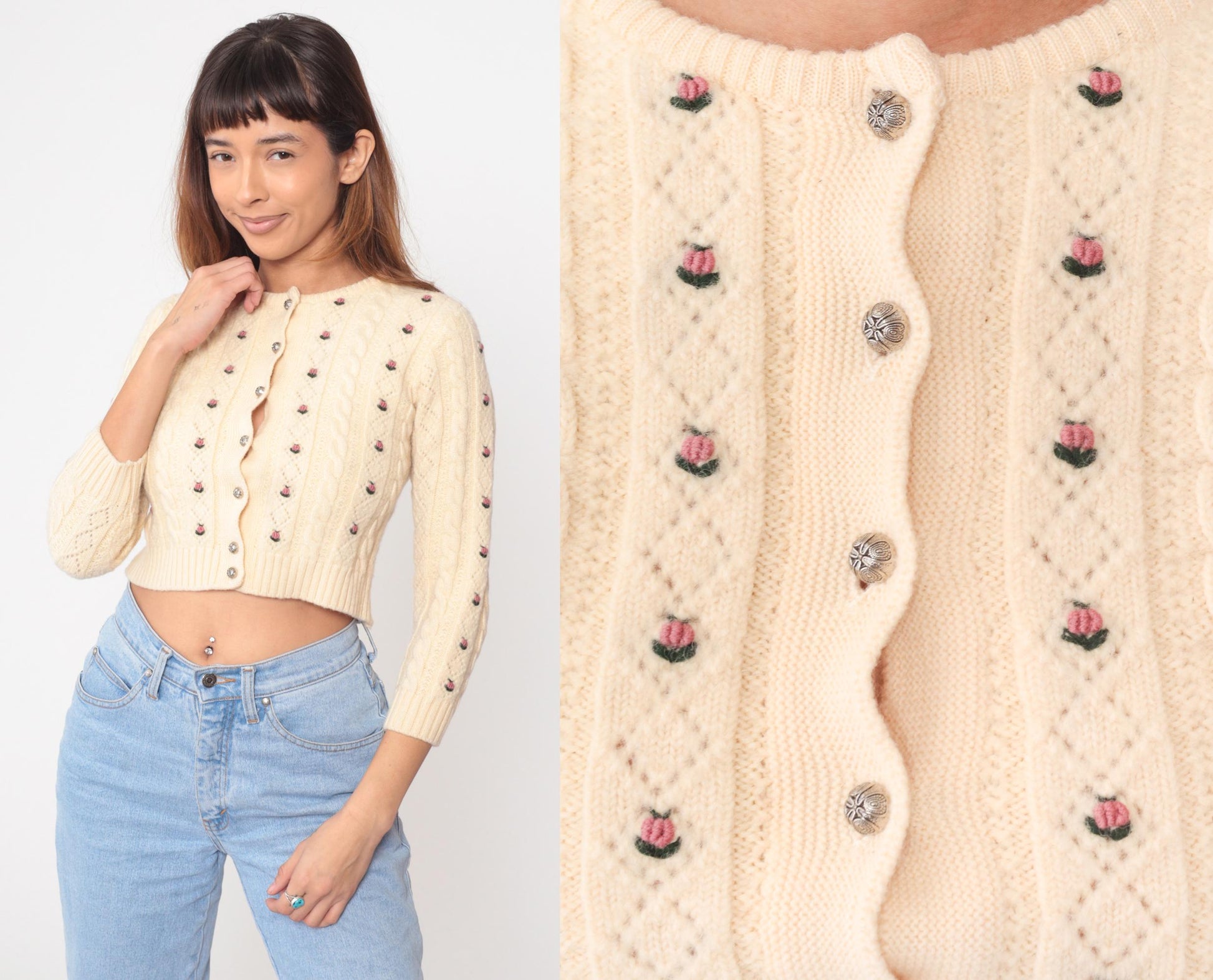 80s Cream Wool Cable Knit Cardigan Embroidered Roses Cropped Extra Small XS